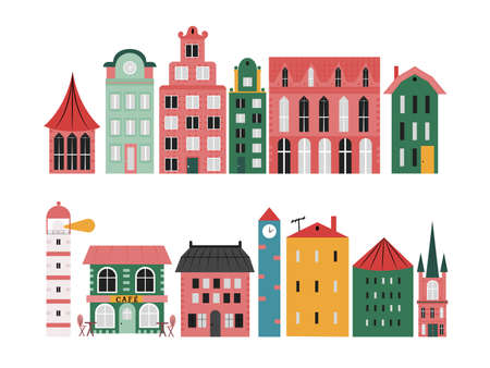 Set with colorful houses in Scandinavian style. Isolated on white background flat design vector illustrationのイラスト素材