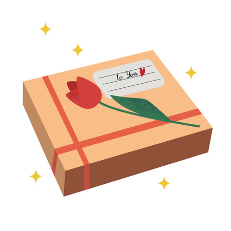 Lovely gift box with red ribbon and a flower, present for a loved one, isolated on white vector illustration in flat styleのイラスト素材