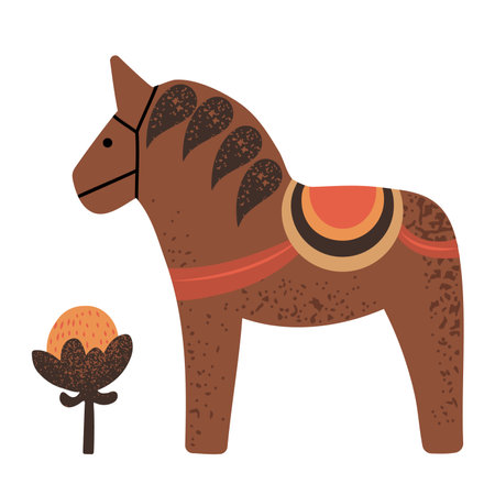 Hand drawn brown Swedish Dala horse with grainy texture, isolated on white vector illustration in flat styleのイラスト素材