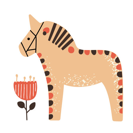 Hand drawn adorable Swedish Dala horse with a flower, isolated on white vector illustration in flat styleのイラスト素材
