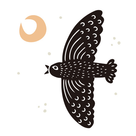 Hand drawn flying childish bird with a crescent moon in linocut style, textured silhouette vector illustration , isolated on whiteのイラスト素材