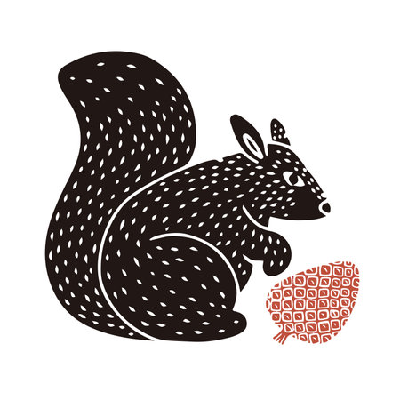 Little textured squirrel with pine cone hand drawn in linocut or woodcut style, silhouette vector illustration, isolated on white backgroundのイラスト素材
