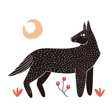 Childish wolf and the moon, hand drawn in linocut or woodcut style, textured silhouette vector illustration , isolated on white backgroundのイラスト素材