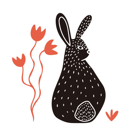 Adorable hare or wild rabbit sitting in flowers, hand drawn in linocut style, textured silhouette vector illustration , isolated on whiteのイラスト素材