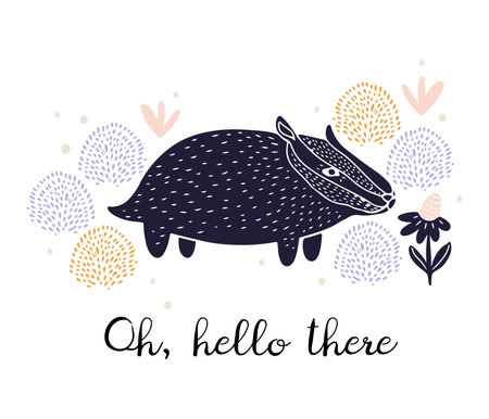 Cute linocut style greetings card drawing with little badger, hand drawn flat vector illustration on white backgroundのイラスト素材