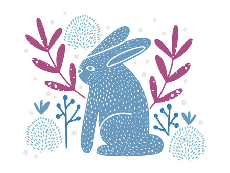 Cute blue bunny rabbit in meadow, hand drawn vector card or a poster in linocut style, isolated on whiteのイラスト素材