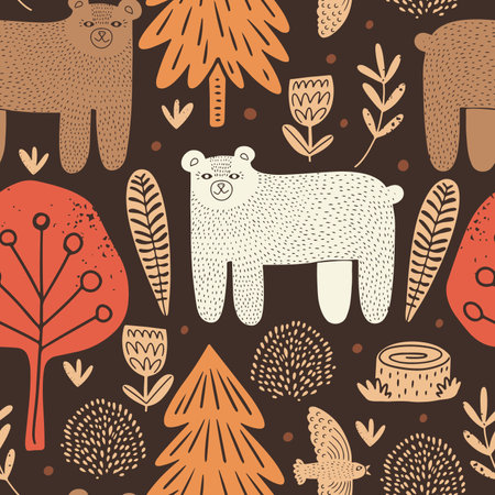 Hand drawn vector seamless pattern with cute brown and white bears in the forestのイラスト素材