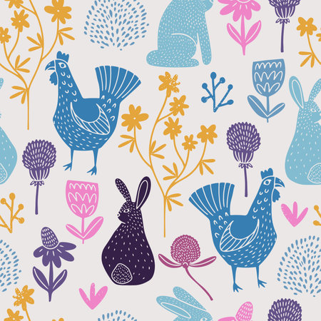 Seamless pattern with colorful chickens and rabbits in flowers, contour doodle vector illustrationのイラスト素材