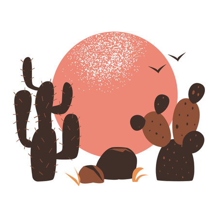 Hand drawn desert simple landscape with rocks and cactuses. Isolated on white vector illustrationのイラスト素材