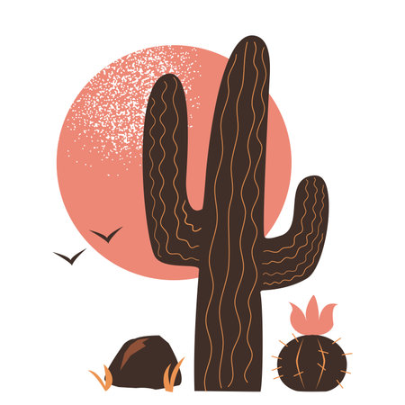 Hand drawn desert landscape with rock and different cactuses. Isolated on white vector illustrationのイラスト素材