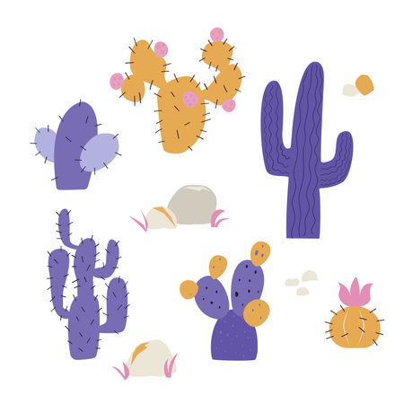 Set with cute desert cactuses in flat style, hand drawn vector illustration, isolated on white backgroundのイラスト素材