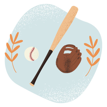 Baseball bat, ball and mitt, hand drawn vector illustration in flat style with grainy textureのイラスト素材