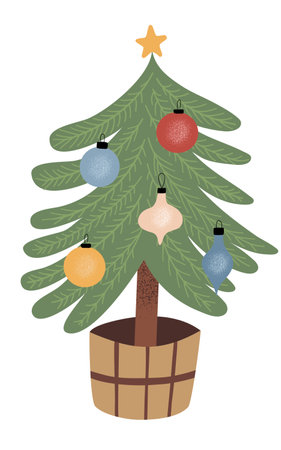 Cute hand drawn decorated with ornaments Christmas tree in a pot, isolated vector illustrationのイラスト素材
