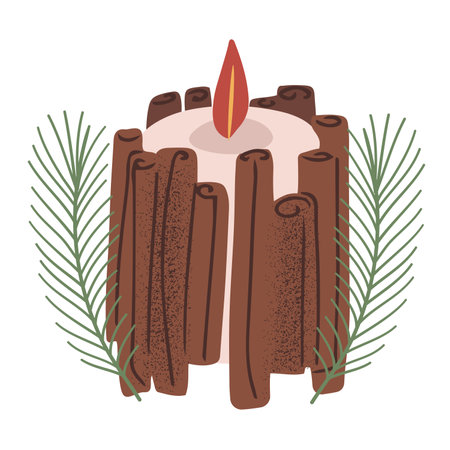 Hand drawn candle with cinnamon sticks and fir branches, isolated vector illustrationのイラスト素材