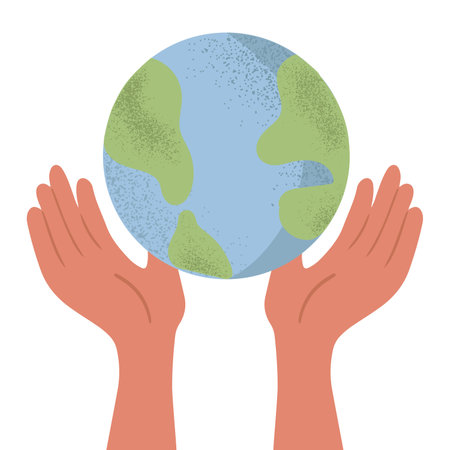 Hand drawn hands holding and caring for planet Earth, sustainable lifestyle concept. isolated vector illustration in flat styleのイラスト素材