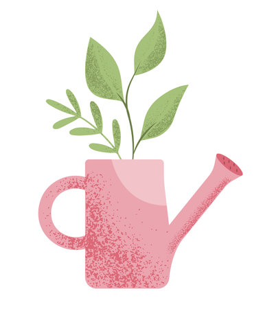 Cute watering can with green plants growing in it, spring and gardening concept. Isolated vector illustration in flat styleのイラスト素材