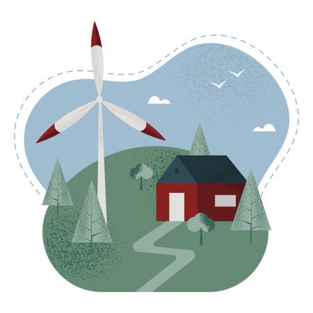 Simple and cute scenery with scandinavian house and wind turbine, sustainable living concept for everyone. Isolated textured vector illustration in flat designのイラスト素材