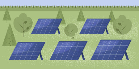 Scenery with solar panels standing on the ground outdoors, in nature, surrounded with trees. Textured vector illustration in flat designのイラスト素材