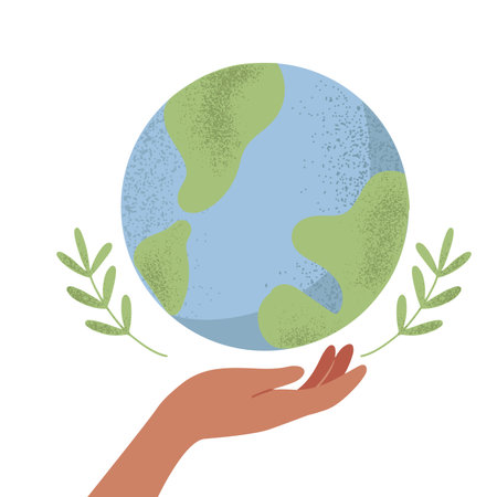 Human hand holding planet Earth, concept of care, protection and sustainability. Isolated vector illustration in flat designのイラスト素材