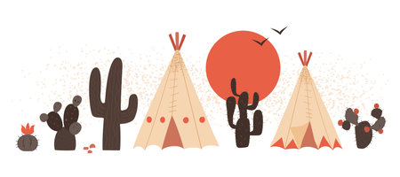 Scenery with Wild West desert with cactuses and Wigwams, hand drawn vector illustration in flat designのイラスト素材