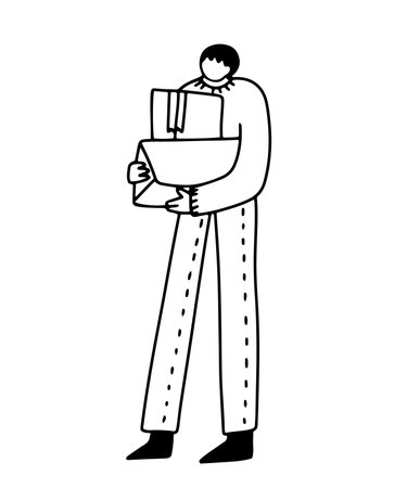 Hand drawn outlined doodle style man holding boxes. Line style vector illustration, isolated  on white backgroundのイラスト素材