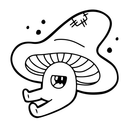 Funny little smiling mushroom with legs and big mushroom cap, hand drawn in line style, bold outline. Isolated vector illustrationのイラスト素材