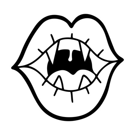Funny smiling vampire lips with fangs, hand drawn in line style, bold outline, isolated vector illustrationのイラスト素材