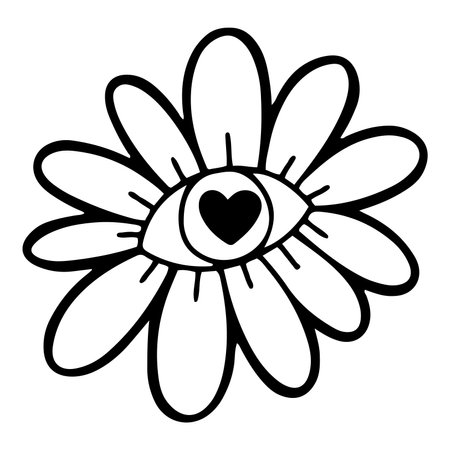 Hand drawn flower head with an psychedelic eye inside,line design vector illustration in cartoon styleのイラスト素材