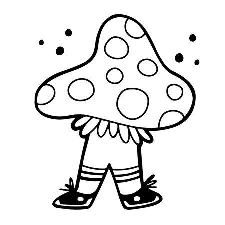 Funny surreal mushroom wearing socks, with big mushroom cap, hand drawn in line style, bold outline. Isolated vector illustrationのイラスト素材