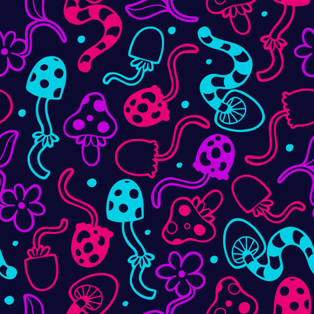 Hand drawn vector seamless pattern with  neon psychedelic mushrooms and flowersのイラスト素材