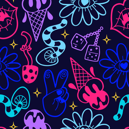 Hand drawn vector seamless pattern with  neon psychedelic objects, trippy rave designのイラスト素材