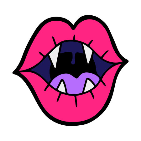 Hand drawn cartoon style mouth with lips and vampire teeth, isolated vector illustration with bold outlineのイラスト素材