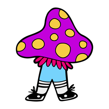 Cute surreal mushroom with legs, funny trippy character. Isolated vector illustration in cartoon styleのイラスト素材