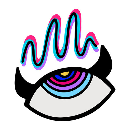 Hand drawn trippy hypnotizing eye with horns, surreal character cartoon design. Isolated vector illustrationのイラスト素材
