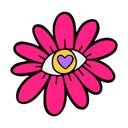 Cute neon colored flower with eye, hand drawn cartoon style vector illustrationのイラスト素材