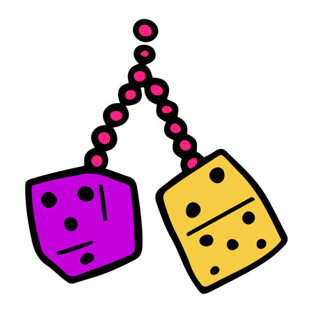 Hand drawn neon colored dices on a string, old school hanger for cars, millennial styled isolated vector illustrationのイラスト素材