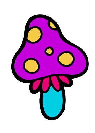Hand drawn little trippy neon mushroom clip art, isolated vector illustration in cartoon style with bold outlineのイラスト素材