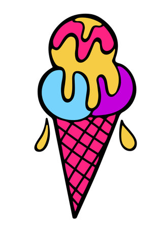 Hand drawn neon ice cream cone, isolated vector illustration in nostalgic cartoon styleのイラスト素材