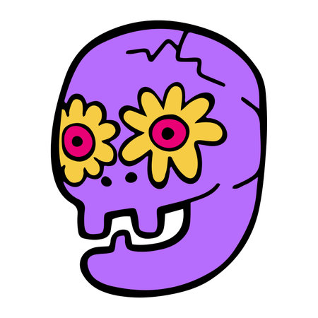 Old fashioned cartoon style psychedelic  skull with flower eyes, isolated trippy vector illustrationのイラスト素材