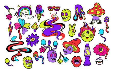 Big hand drawn set with psychedelic trippy characters and objects, hippie style isolated vector illustration in cartoon designのイラスト素材