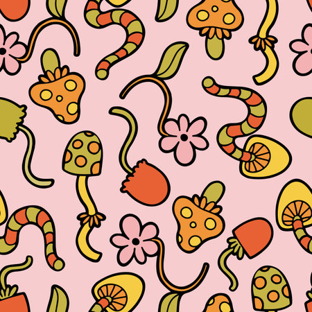 Hand drawn vector seamless pattern with trippy mushrooms and plantsのイラスト素材
