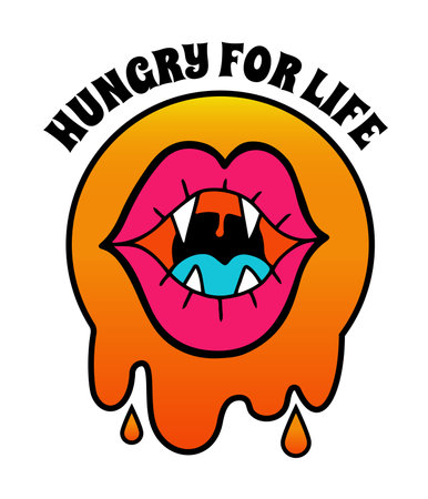 Hand drawn poster, card or print with neon colored vampire mouth and lips with blob shape background. Hungry for life text. Isolated vector illustration in cartoon designのイラスト素材