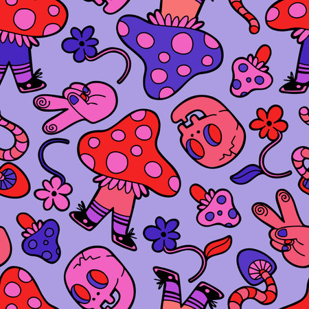 Hand drawn vector seamless pattern with trippy objects and mushroomsのイラスト素材