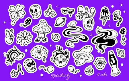 Big hand drawn set with stickers of psychedelic characters and objects in line design. Isolated vector illustration on a purple backgroundのイラスト素材
