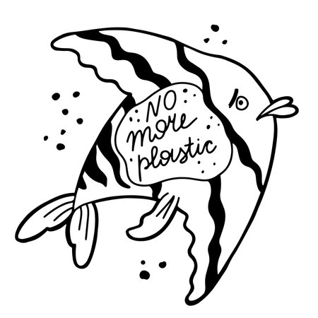 Hand drawn sad fish, with message No more plastic. Ocean pollution problem concept. Isolated vector illustration in line designのイラスト素材