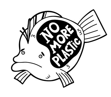 Hand drawn unhappy flounder fish with message - no more plastic. Conceptual vector illustration about watter pollution problemのイラスト素材