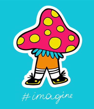 Hand drawn trippy mushroom with snickers, sticker or poster, isolated vector illustration with a fantasy characterのイラスト素材