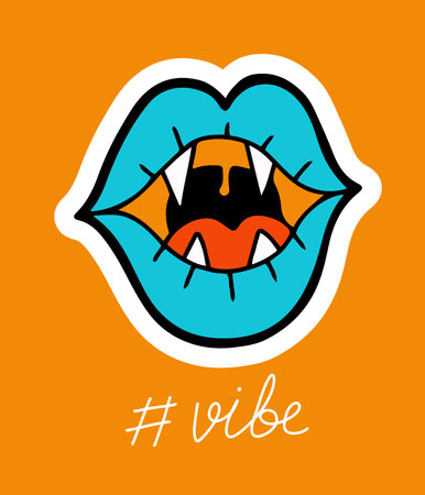 Hand drawn neon vampire lips, sticker or poster, isolated trippy vector illustrationのイラスト素材
