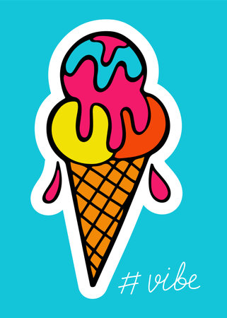 Hand drawn neon colored ice cream cone, sticker or poster, isolated vector illustrationのイラスト素材