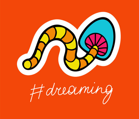 Trippy mushroom sticker, poster or a card.  Isolated vector illustration neon doodle designのイラスト素材